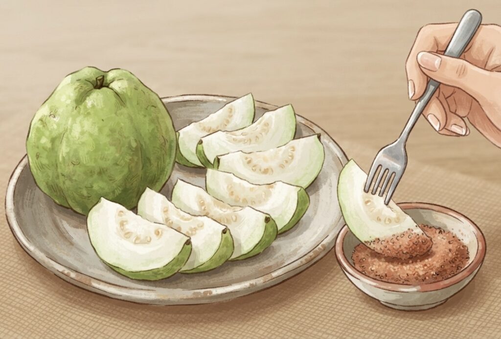 台湾グアバ（Taiwan Guava）をくし形に切り、梅味の粉をつけて食べる様子を描いたイラスト