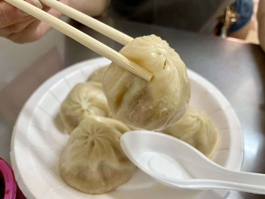 楠梓 小籠包を箸で持ち上げた瞬間、皮の薄さと肉汁の重みが伝わる一枚（Xiaolongbao）